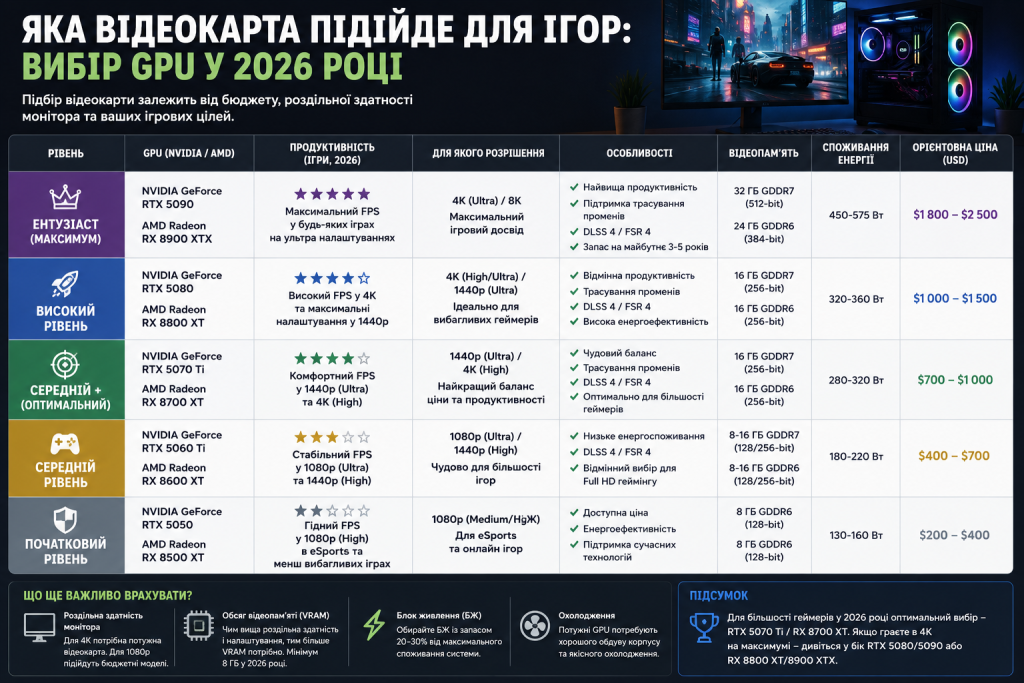 Інфографіка з порівнянням сучасних відеокарт для ігор за продуктивністю, пам'яттю та ціною.