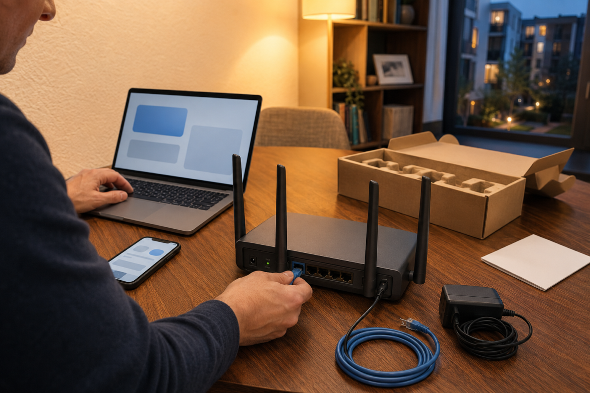 Чоловік підключає мережевий кабель до нового Wi-Fi роутера на столі поруч із ноутбуком, смартфоном та адаптером живлення.