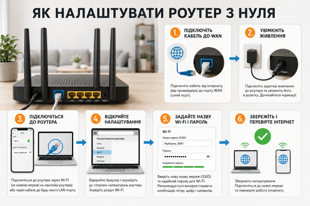 Інфографіка про налаштування Wi-Fi роутера з нуля: підключення WAN, живлення, вхід у налаштування, створення мережі та пароля.
