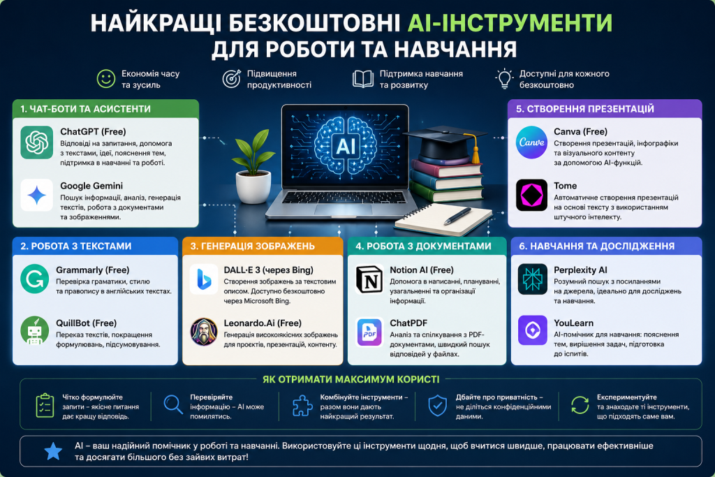 Інфографіка з безкоштовними AI-інструментами для текстів, зображень, документів, презентацій, роботи та навчання
