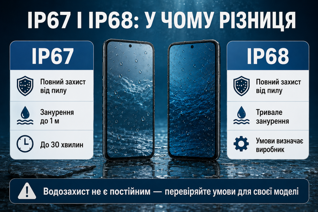 Інфографіка про різницю між стандартами захисту IP67 та IP68 від пилу і води для смартфонів