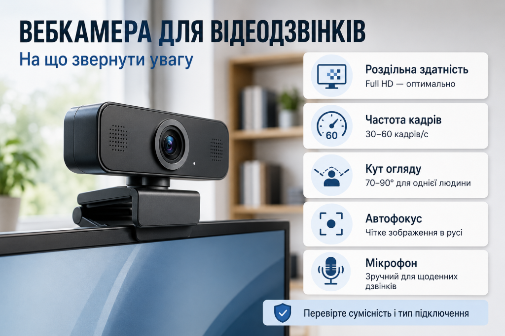 Інфографіка про вибір вебкамери для відеодзвінків за роздільною здатністю, частотою кадрів, кутом огляду та автофокусом