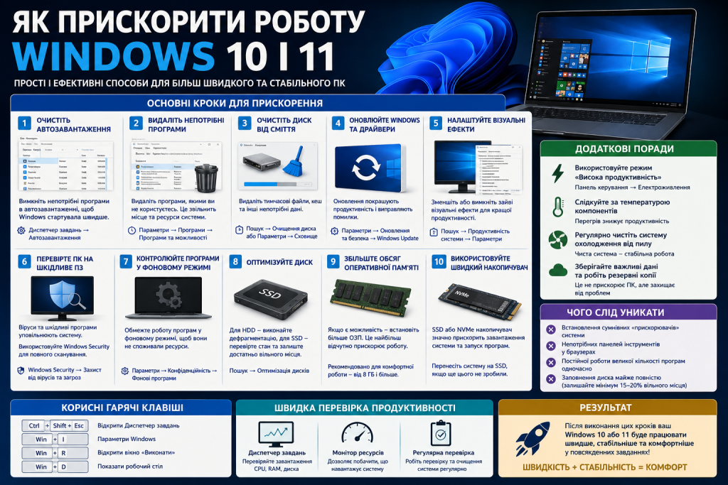 Інфографіка з порадами щодо прискорення Windows 10 і 11, очищення системи, оптимізації програм, диска та оперативної пам’яті.