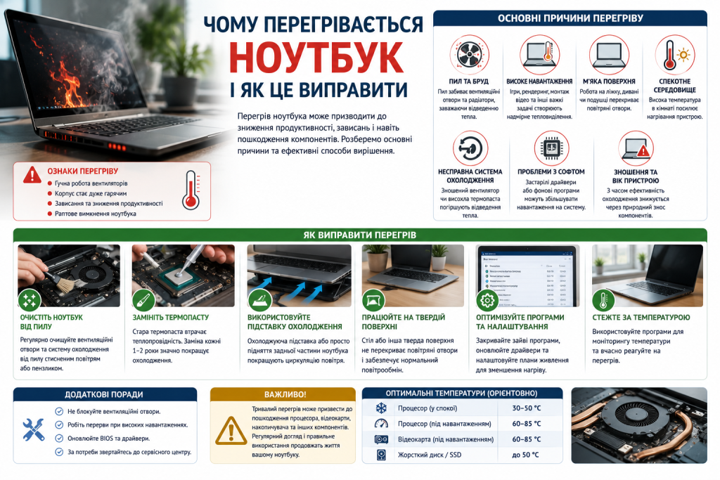 Інфографіка про основні причини перегріву ноутбука, способи очищення системи охолодження та зниження температури компонентів.