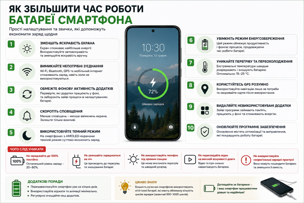 Інфографіка з порадами щодо економії заряду та продовження часу роботи батареї смартфона