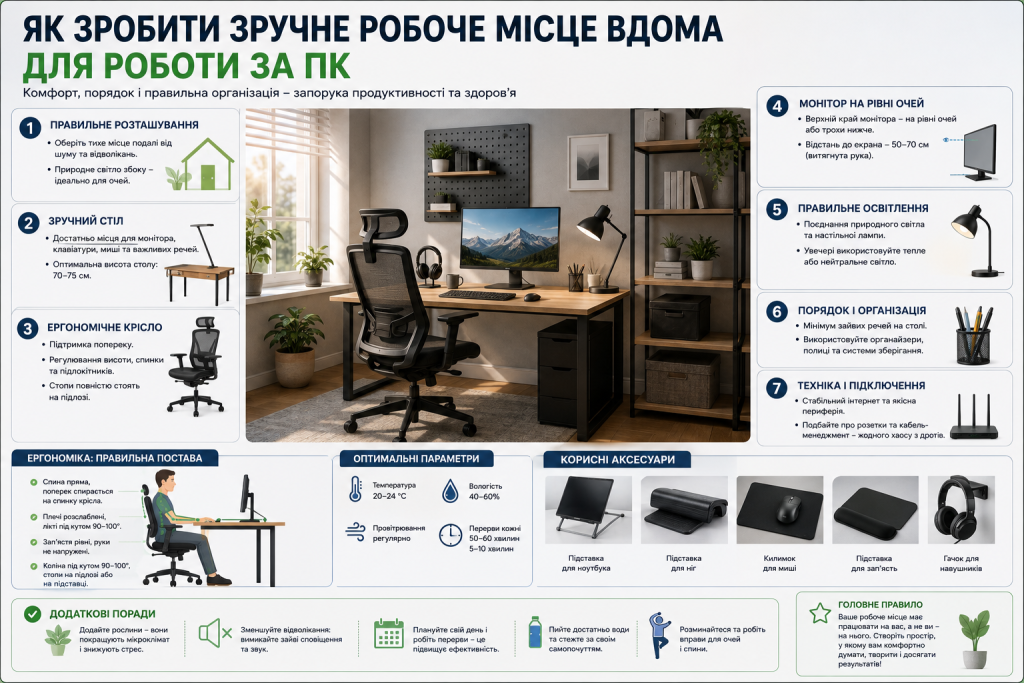 Інфографіка про правильну організацію домашнього робочого місця за комп’ютером, освітлення та ергономіку