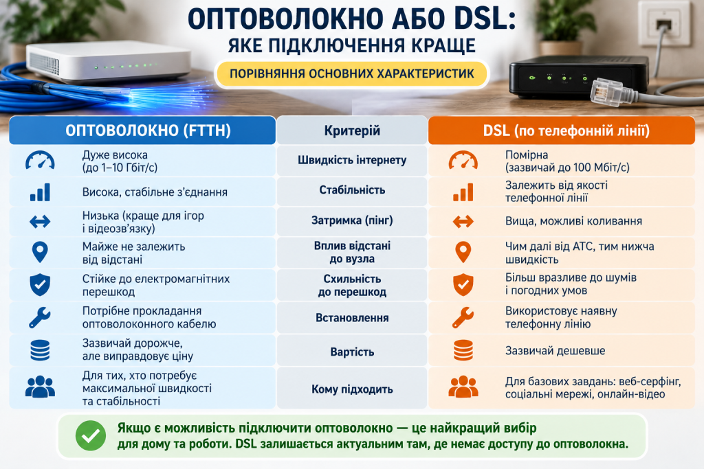 Інфографіка з порівнянням оптоволоконного інтернету та DSL за швидкістю, стабільністю з'єднання, затримкою, вартістю та особливостями встановлення.