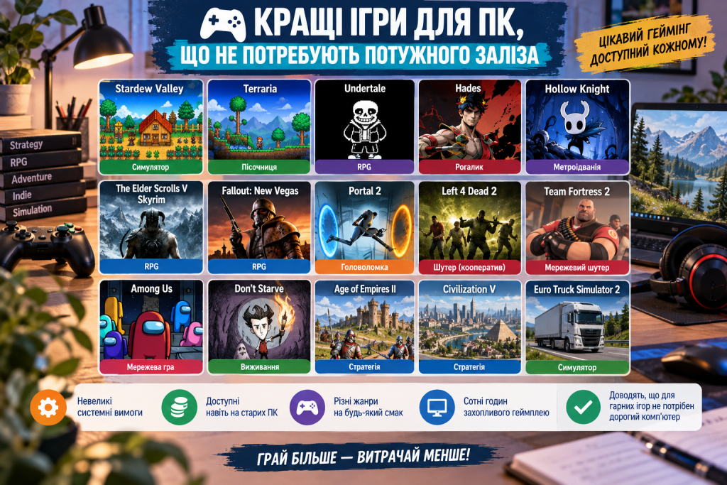 Добірка популярних ігор для ПК, які не потребують потужного комп’ютера та мають невисокі системні вимоги